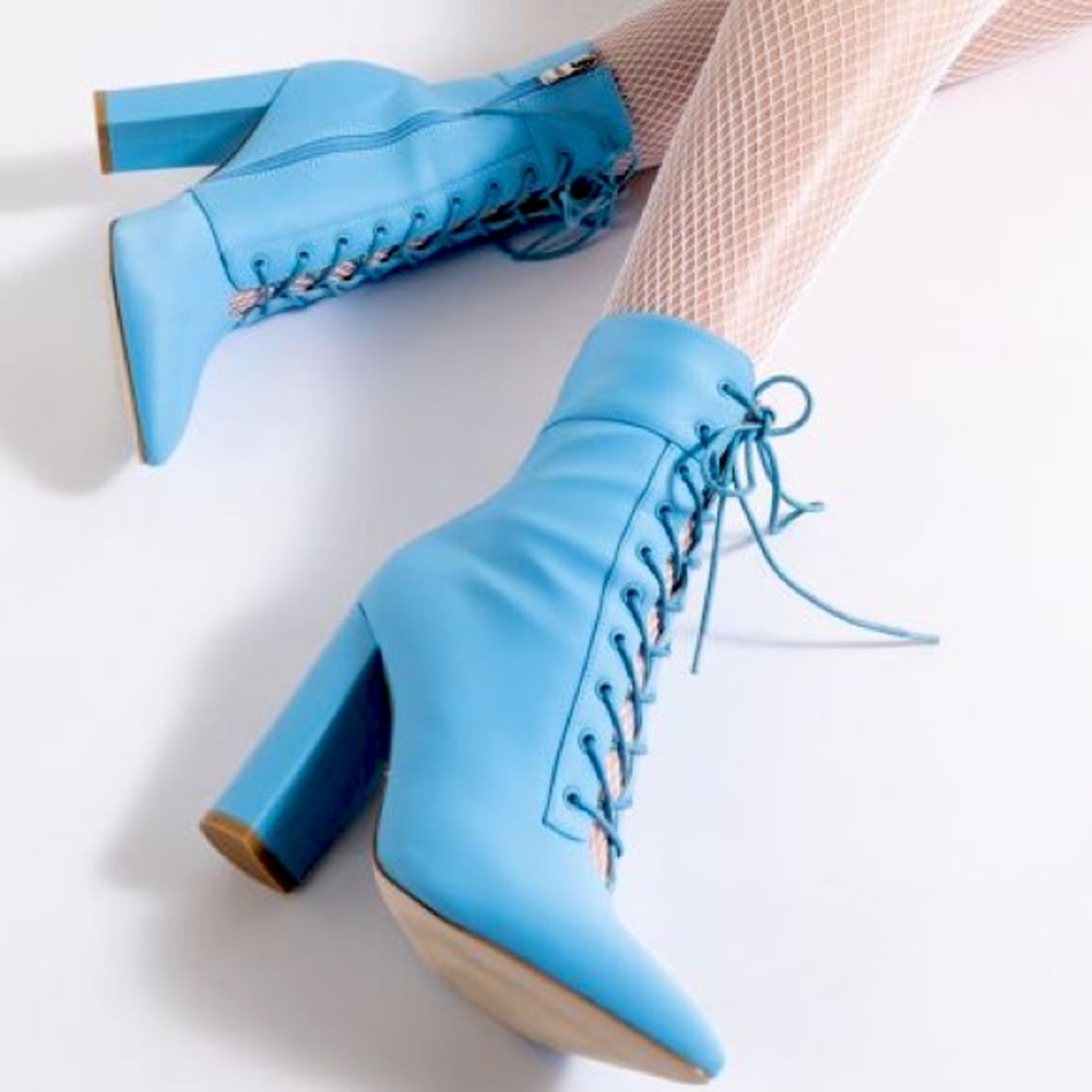 Azalea Wang Blue Chunky Heel Nylon High Heel Boots